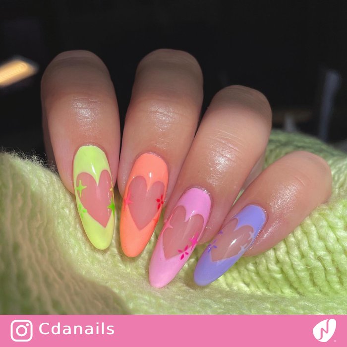 Pastel Neon Nails with Cutout Hearts